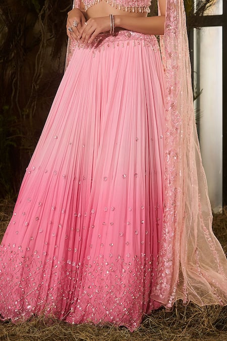 Buy_Shashank Arya_Pink Georgette, Tulle Sequins, Stones, Crystals, Ombre And Work Lehenga Set _Online_at_Aza_Fashions
