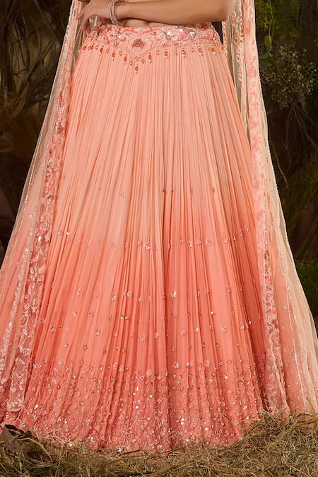 Buy_Shashank Arya_Peach Georgette, Tulle Sequins, Crystals, Stones, Ombre And Work Lehenga Set _Online_at_Aza_Fashions
