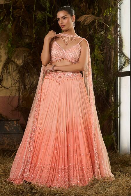 Shop_Shashank Arya_Peach Georgette, Tulle Sequins, Crystals, Stones, Ombre And Work Lehenga Set _Online_at_Aza_Fashions