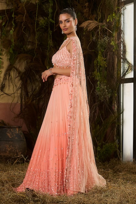 Shashank Arya_Peach Georgette, Tulle Sequins, Crystals, Stones, Ombre And Work Lehenga Set _at_Aza_Fashions