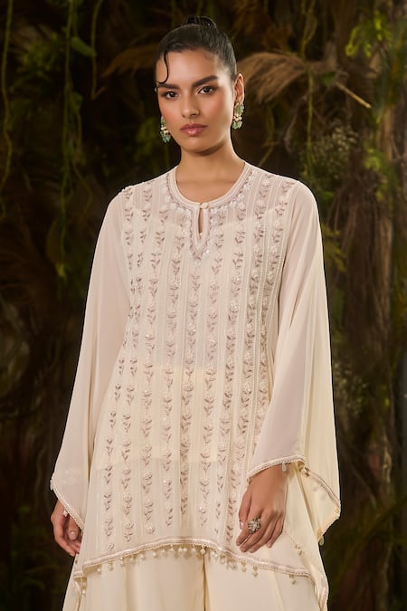 Shop_Shashank Arya_Ivory Georgette, Crepe, Shantoon Embroidered Kaftan Kurta And Sharara Set _Online_at_Aza_Fashions