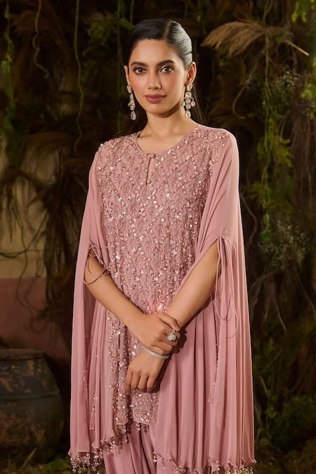 Shashank Arya_Pink Georgette, Crepe Round Neck Sequin Embroidered Cape And Dhoti Pant Set _Online_at_Aza_Fashions