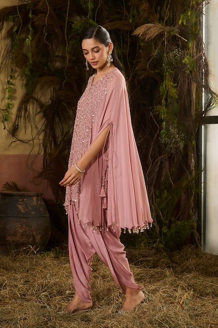 Buy_Shashank Arya_Pink Georgette, Crepe Round Neck Sequin Embroidered Cape And Dhoti Pant Set _Online_at_Aza_Fashions