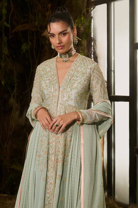 Buy_Shashank Arya_Mint Georgette, Silk, Crepe Embroidery, Sequins, Piping V-neck Anarkali Set _Online_at_Aza_Fashions