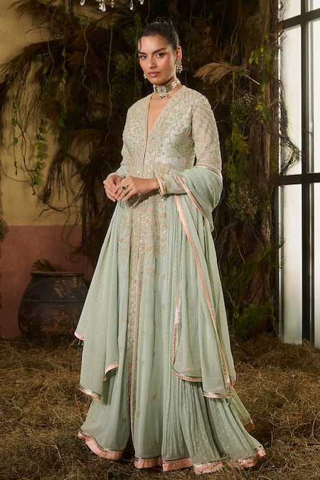 Shop_Shashank Arya_Mint Georgette, Silk, Crepe Embroidery, Sequins, Piping V-neck Anarkali Set _Online_at_Aza_Fashions