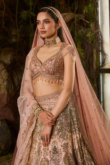 Shashank Arya_Peach Dupion, Tulle Zari, Sequins, Stones, Beads, Embroidery Bridal Lehenga Set _Online_at_Aza_Fashions