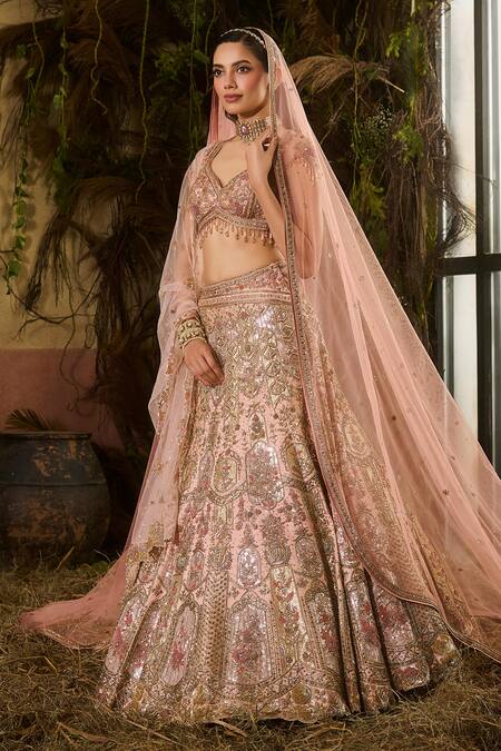 Shop_Shashank Arya_Peach Dupion, Tulle Zari, Sequins, Stones, Beads, Embroidery Bridal Lehenga Set _Online_at_Aza_Fashions