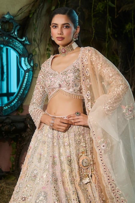 Shashank Arya_Multi Color Dupion, Organza Sequins, Pearls, Zari, Bridal Kali Lehenga Set _Online_at_Aza_Fashions