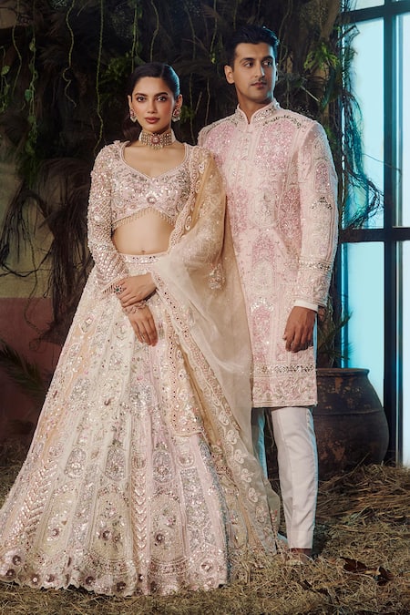 Shop_Shashank Arya_Multi Color Dupion, Organza Sequins, Pearls, Zari, Bridal Kali Lehenga Set _Online_at_Aza_Fashions