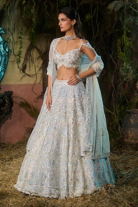 Shop_Shashank Arya_Blue Dupion, Organza Sequins, Pearls, Embroidery, Metallic Thread Lehenga Set _Online_at_Aza_Fashions