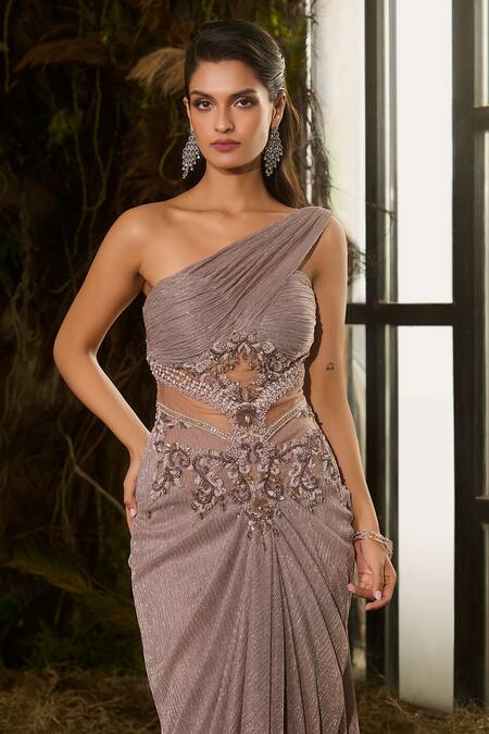Shashank Arya_Gray Tulle, Knit Crystals One Shoulder Metallic Pleated Saree Gown _Online_at_Aza_Fashions