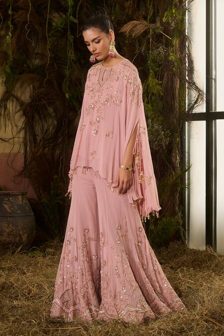 Buy_Shashank Arya_Pink Georgette, Crepe Sequins, Embroidery, Metallic Cape Kurta Sharara Set _Online_at_Aza_Fashions