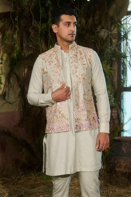 Shashank Arya_Mint Dupion, Silk, Rayon, Jacquard Embroidery, Resham And Nehru Jacket Set _Online_at_Aza_Fashions