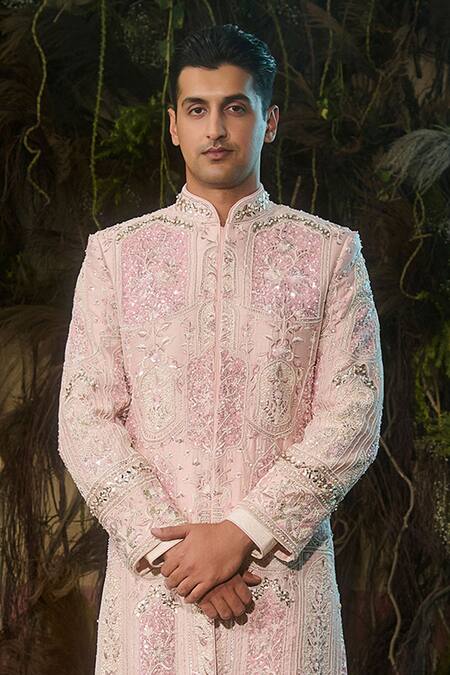 Shashank Arya_Peach Dupion, Rayon, Jacquard, Silk, Cotton Embroidery, Gota Patti, Sherwani Set _Online_at_Aza_Fashions