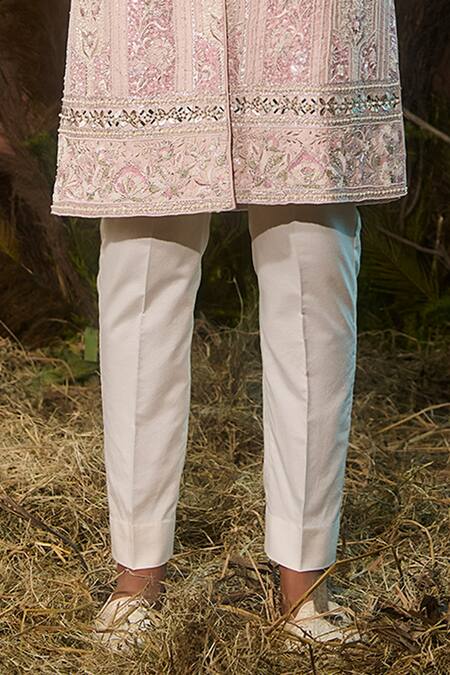 Buy_Shashank Arya_Peach Dupion, Rayon, Jacquard, Silk, Cotton Embroidery, Gota Patti, Sherwani Set _Online_at_Aza_Fashions