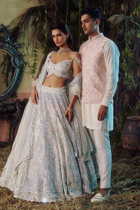 Buy_Shashank Arya_Peach Dupion, Rayon, Jacquard, Silk, Cotton Embroidered Nehru Jacket And Kurta Set 