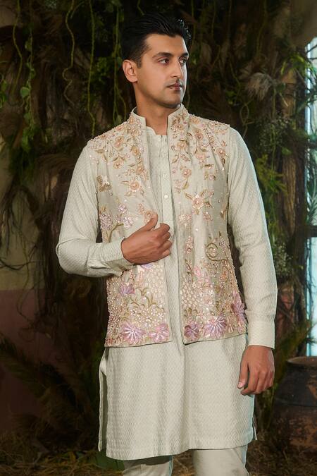 Shashank Arya_Mint Dupion, Silk Embroidery, Sequins Resham And Nehru Jacket _Online_at_Aza_Fashions