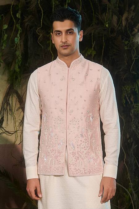 Shashank Arya_Peach Dupion, Silk Sequins, Pearls Embroidered Work Nehru Jacket _Online_at_Aza_Fashions