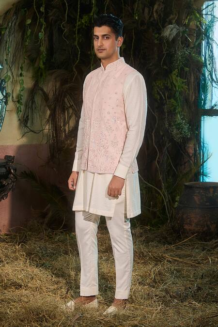 Buy_Shashank Arya_Peach Dupion, Silk Sequins, Pearls Embroidered Work Nehru Jacket _Online_at_Aza_Fashions