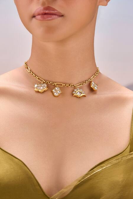 Mnsh_Gold Plated Noor Polki Charm Necklace _at_Aza_Fashions