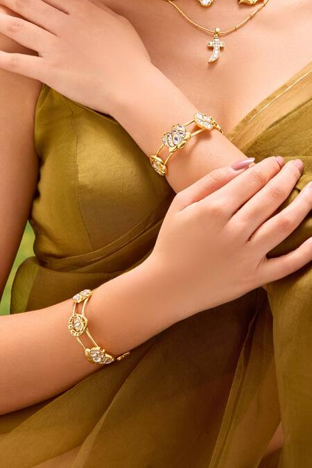 Mnsh_Gold Plated Imitation Gemstones Noor Kamal Polki Cuff Bracelet _at_Aza_Fashions
