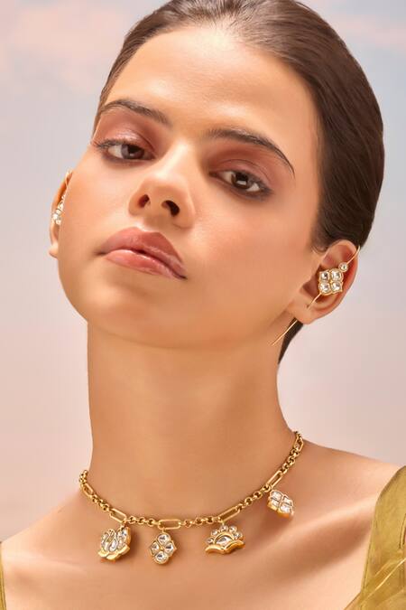 Shop_Mnsh_Gold Plated Imitation Gemstones Noor Polki Earcuff _Online_at_Aza_Fashions