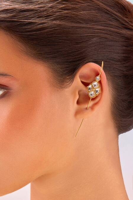 Mnsh_Gold Plated Imitation Gemstones Noor Polki Earcuff _at_Aza_Fashions