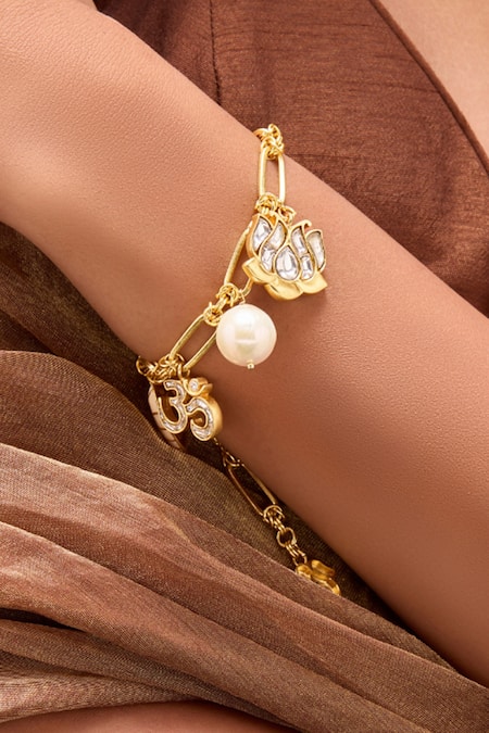 Shop_Mnsh_Gold Plated Pearls, Stones, Crystals Shubh Polki Bracelet _Online_at_Aza_Fashions