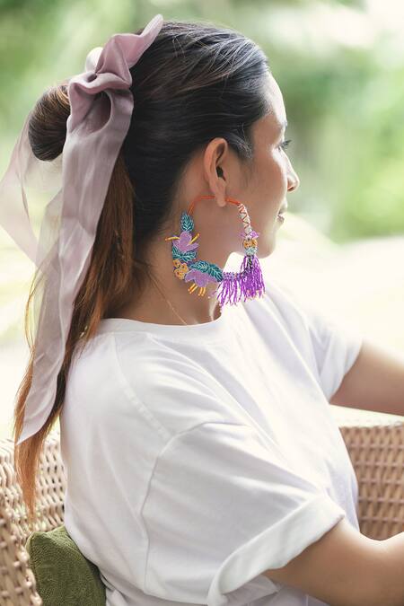 Krutiarts_Purple Beads, Embroidery, Tassels Urmila Earrings _Online_at_Aza_Fashions