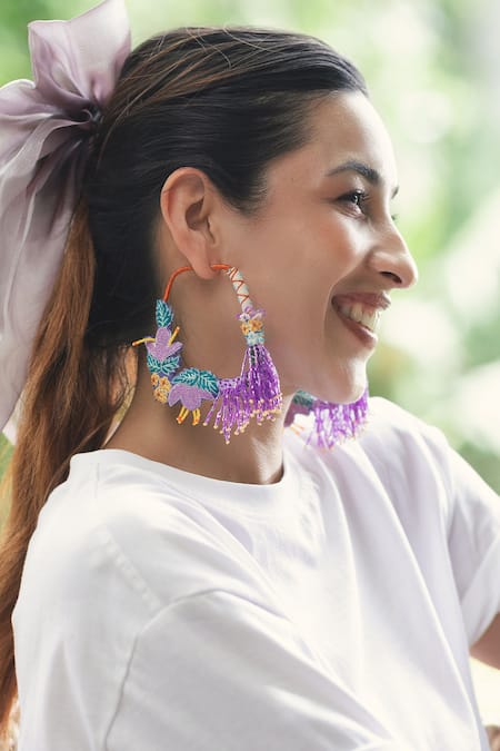 Buy_Krutiarts_Purple Beads, Embroidery, Tassels Urmila Earrings _Online_at_Aza_Fashions