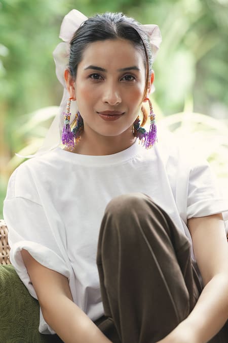 Shop_Krutiarts_Purple Beads, Embroidery, Tassels Urmila Earrings _Online_at_Aza_Fashions