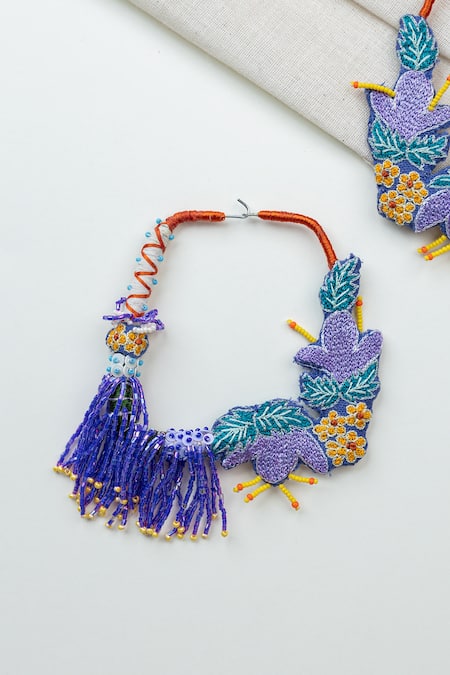 Krutiarts_Purple Beads, Embroidery, Tassels Urmila Earrings _at_Aza_Fashions