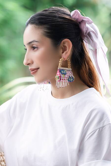 Krutiarts_Pink Embroidery, Beads Rani Earrings _Online_at_Aza_Fashions