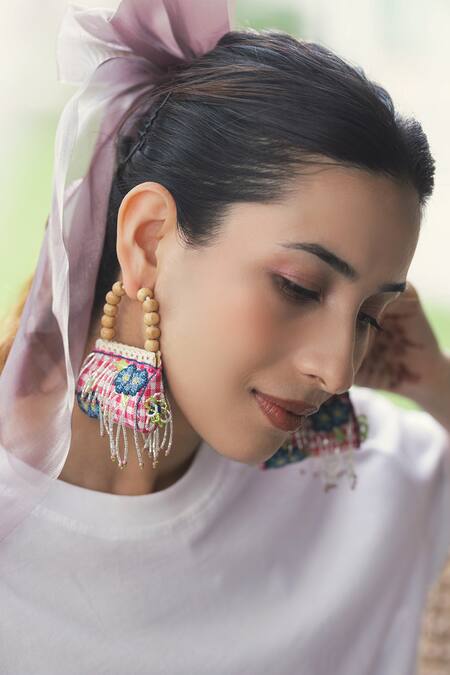 Buy_Krutiarts_Pink Embroidery, Beads Rani Earrings _Online_at_Aza_Fashions