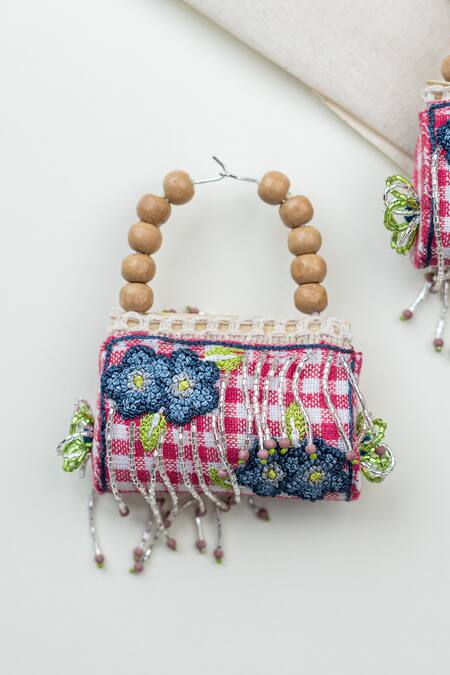 Shop_Krutiarts_Pink Embroidery, Beads Rani Earrings _Online_at_Aza_Fashions