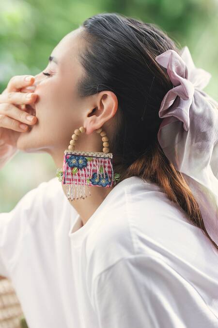 Krutiarts_Pink Embroidery, Beads Rani Earrings _at_Aza_Fashions