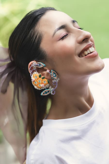 Buy_Krutiarts_Yellow Beads, Embroidery Juhi Earrings _Online_at_Aza_Fashions