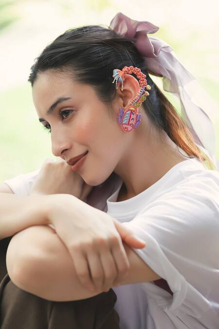 Krutiarts_Peach Embroidery, Beads, Mirrors Madhuri Earrings _Online_at_Aza_Fashions