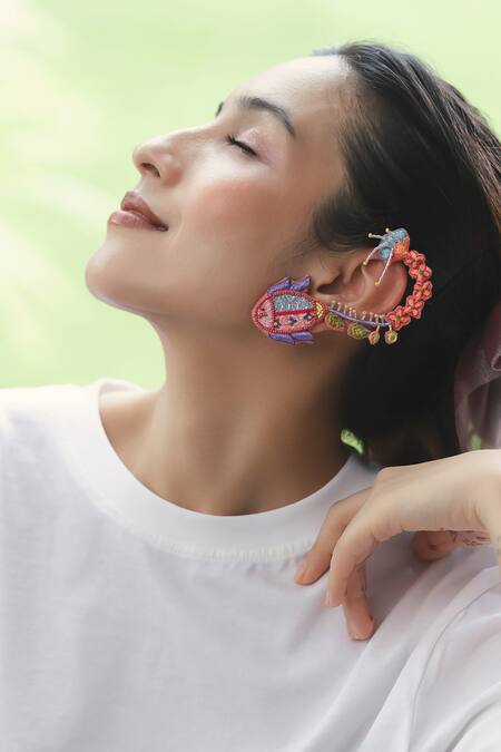 Buy_Krutiarts_Peach Embroidery, Beads, Mirrors Madhuri Earrings _Online_at_Aza_Fashions