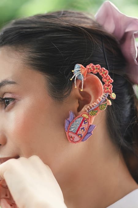 Shop_Krutiarts_Peach Embroidery, Beads, Mirrors Madhuri Earrings _Online_at_Aza_Fashions