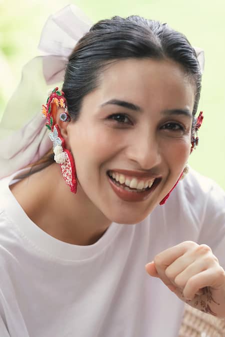 Krutiarts_Red Embroidery, Beads, Mirrors Karishma Earrings _Online_at_Aza_Fashions