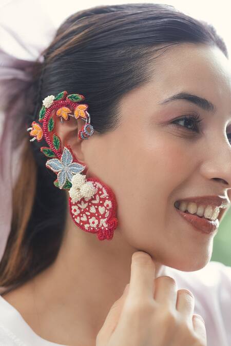 Krutiarts_Red Embroidery, Beads, Mirrors Karishma Earrings _at_Aza_Fashions