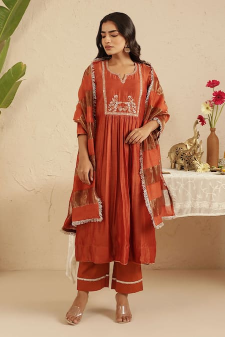 Gulabik Jaipur_Orange Chanderi, Cotton, Tissue Embroidery, Lace Rust Hand Embroidred Kurta Set _Online_at_Aza_Fashions