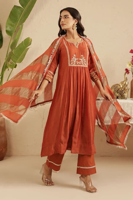 Buy_Gulabik Jaipur_Orange Chanderi, Cotton, Tissue Embroidery, Lace Rust Hand Embroidred Kurta Set _Online_at_Aza_Fashions