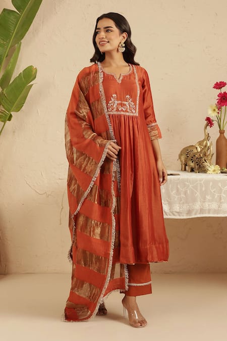 Gulabik Jaipur Rust Hand Embroidred Kurta Set 
