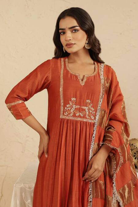 Gulabik Jaipur_Orange Chanderi, Cotton, Tissue Embroidery, Lace Rust Hand Embroidred Kurta Set _at_Aza_Fashions