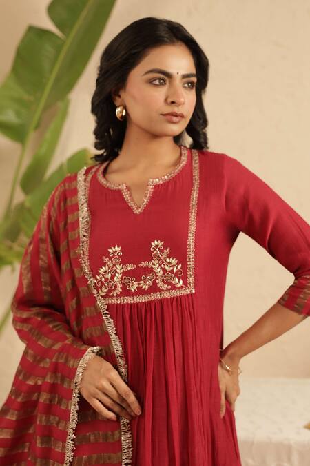 Buy_Gulabik Jaipur_Maroon Cotton, Chanderi Embroidery, Lace, Zari Split Hand Embroidred Kurta Set _Online_at_Aza_Fashions