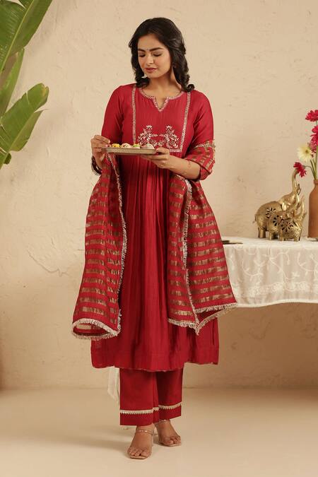 Shop_Gulabik Jaipur_Maroon Cotton, Chanderi Embroidery, Lace, Zari Split Hand Embroidred Kurta Set _Online_at_Aza_Fashions