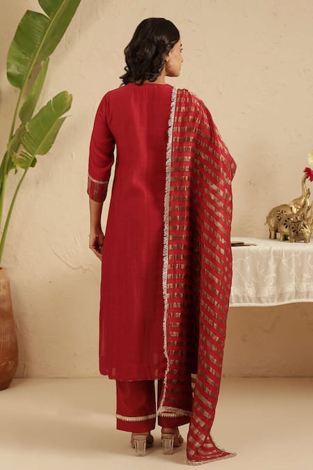 Shop_Gulabik Jaipur_Maroon Cotton, Chanderi Embroidery, Lace, Zari Split Hand Embroidred Kurta Set _at_Aza_Fashions