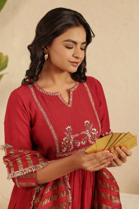 Buy_Gulabik Jaipur_Maroon Cotton, Chanderi Embroidery, Lace, Zari Split Hand Embroidred Kurta Set 